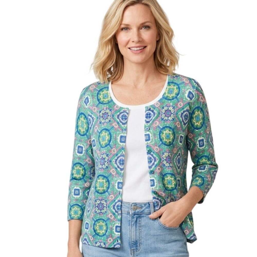 Talbots Charming Cardigan Womens Large Green Geo Medallion Lightweight Topper